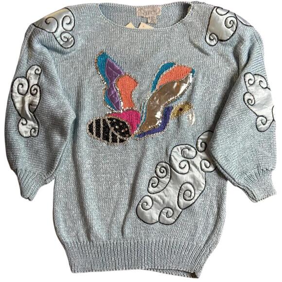 Nannell Hand Knit Metallic Sweater Bird & Cloud Appliqué Women’s L - Picture 1 of 6